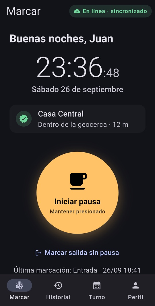 Pantalla Marcar: reloj en grande, sede Casa Central dentro de la geocerca y botón para iniciar pausa