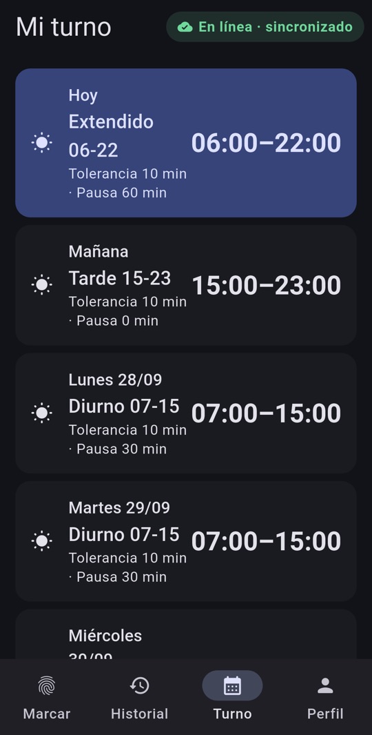 Mi turno: turnos de hoy y de los próximos días con horario, tolerancia y pausa