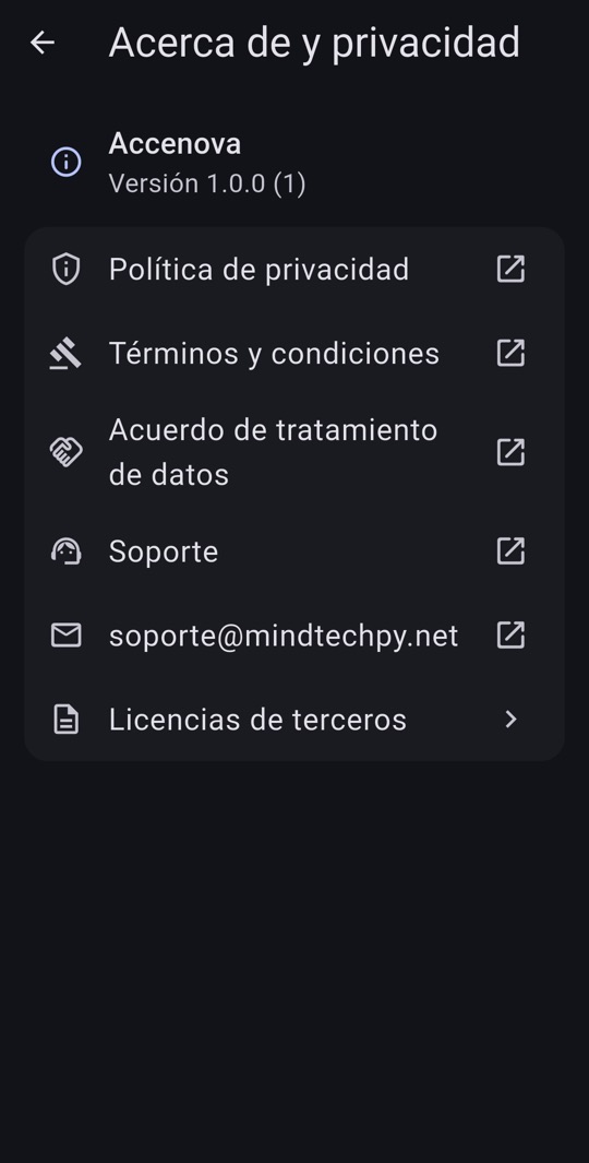 Acerca de y privacidad: enlaces a la política de privacidad, términos, acuerdo de tratamiento de datos y soporte